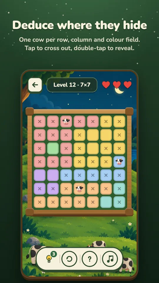 Moo Queens game board: a 7×7 grid of pastel colour fields with cows placed and ✕ marks on ruled-out cells
